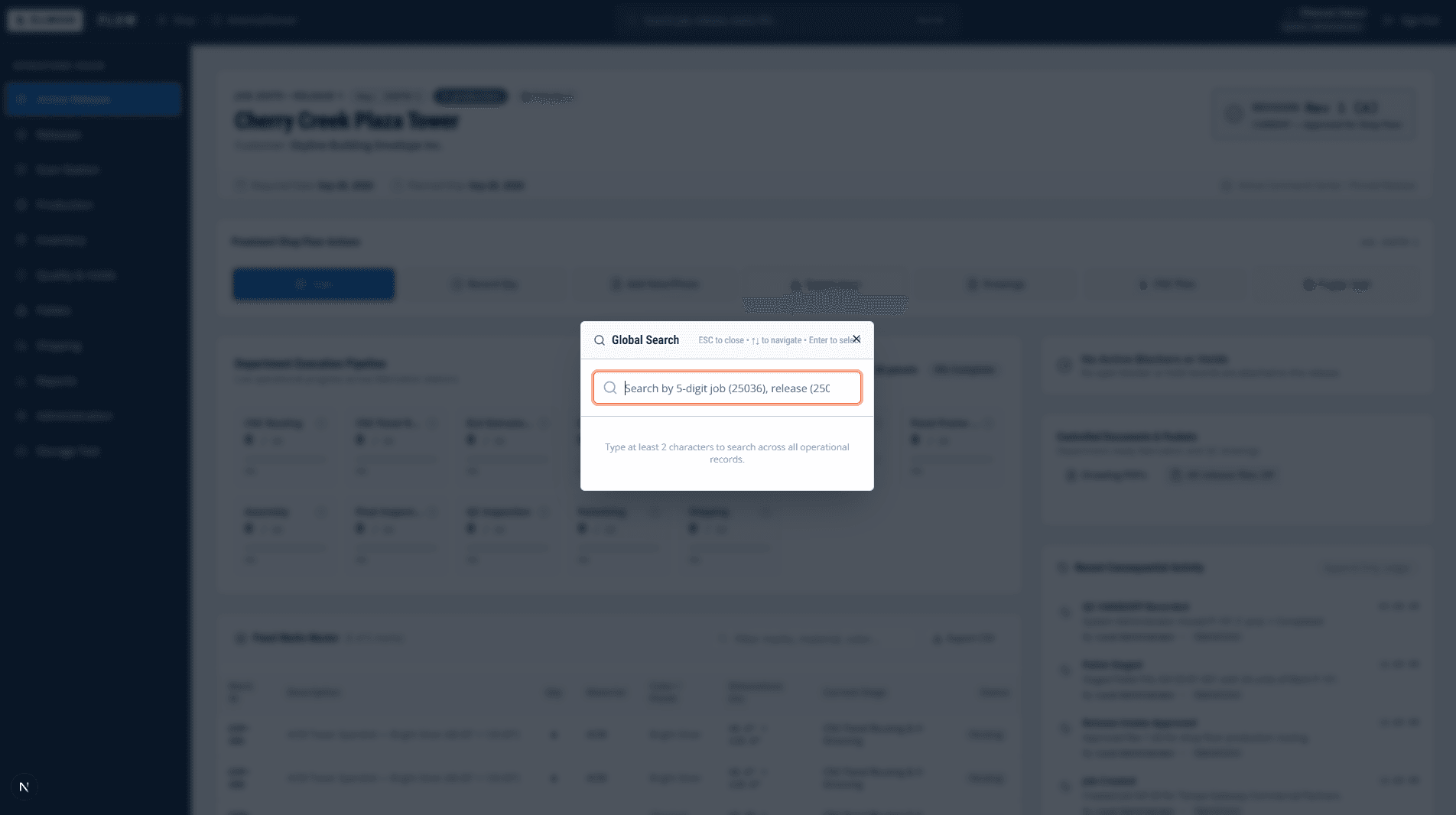 Ellwood Flow global search view with query input and structured search results