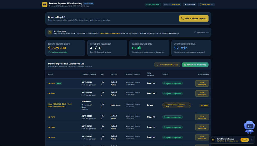 Denver Express Warehousing ReworkFlow live operations board and dispatch log