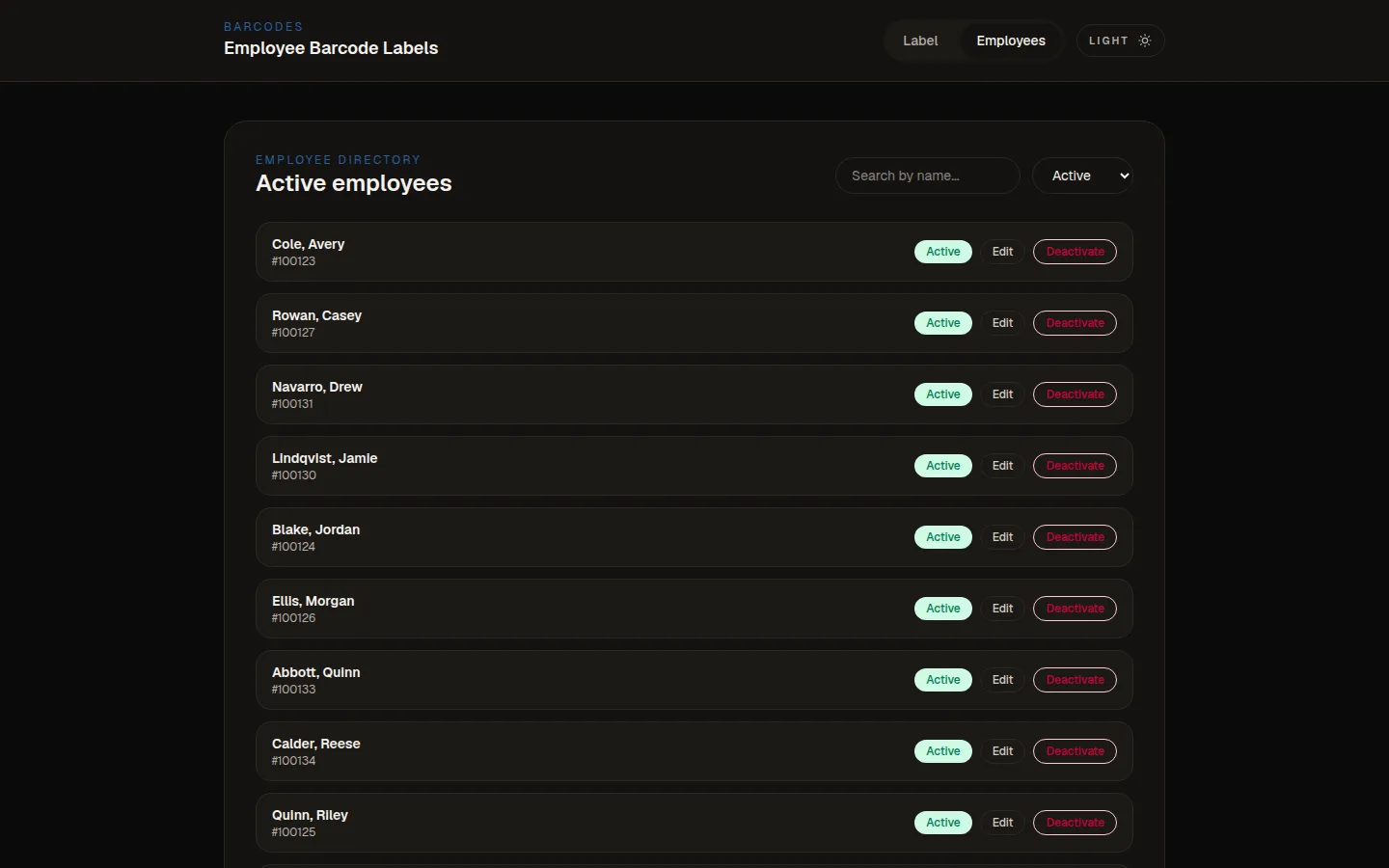 Employee directory page listing active employees by name and number, each with Active, Edit and Deactivate controls.