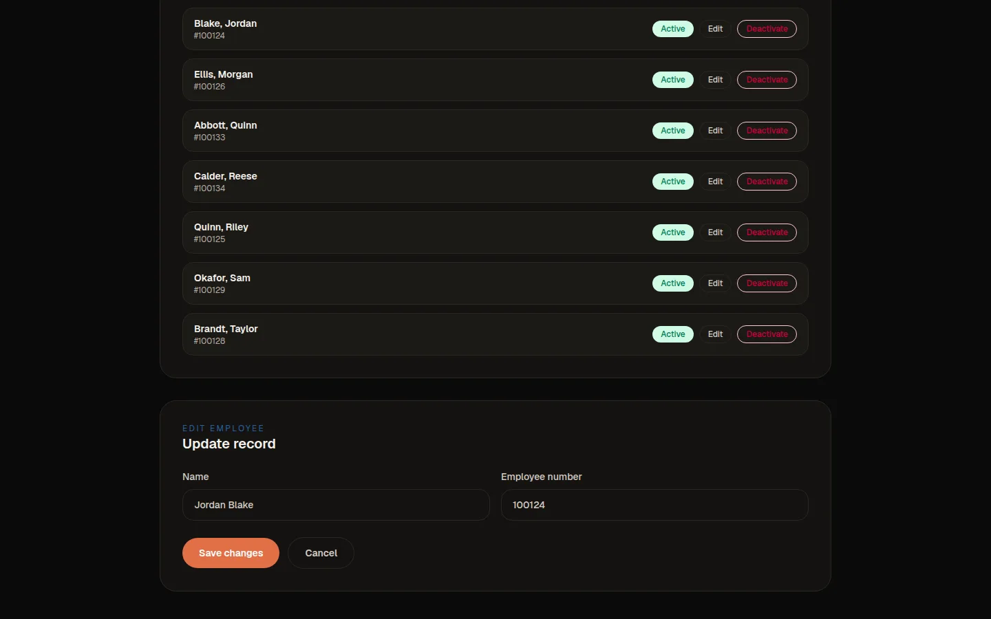 Update record form filled with an employee name and number, with Save changes and Cancel buttons.