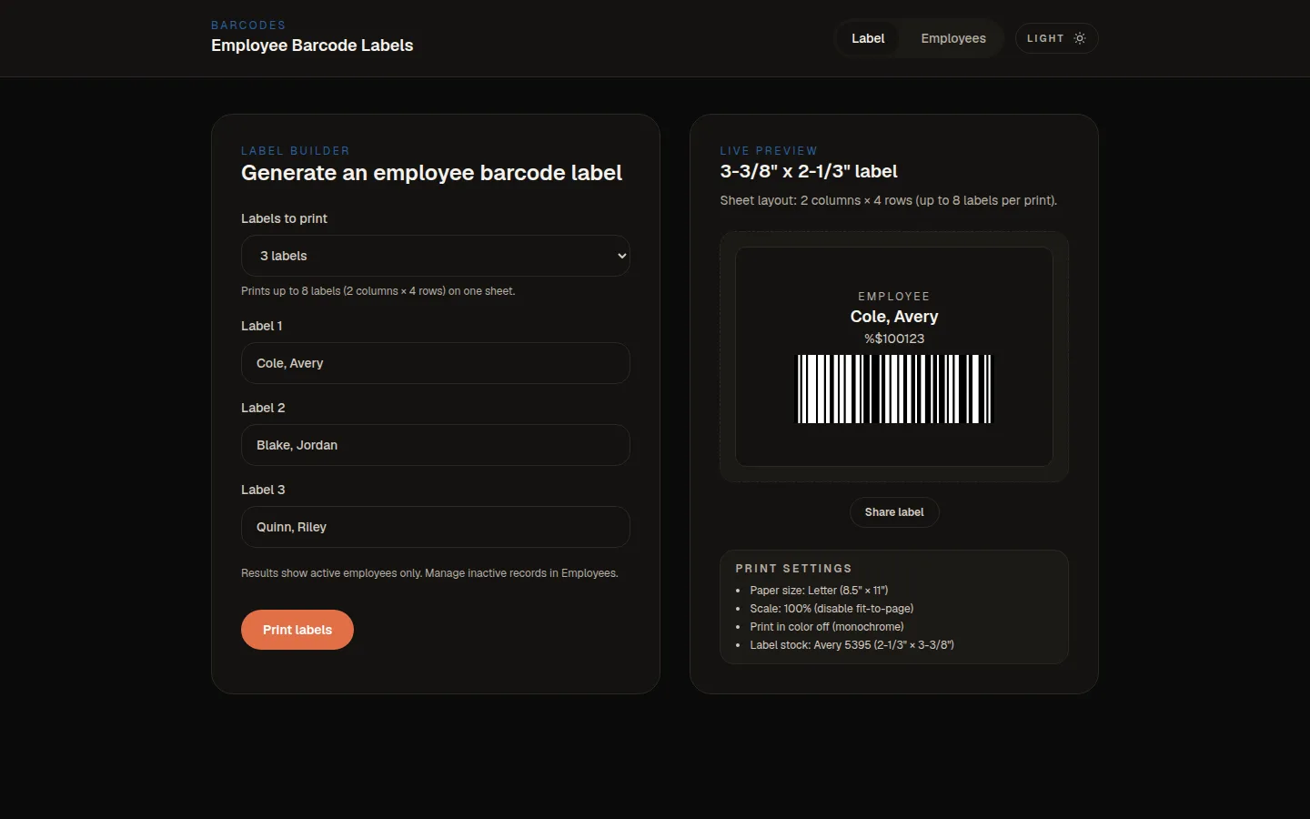 Label builder with three employees selected and a live preview of a label showing a name and barcode.
