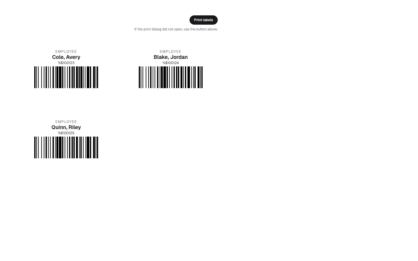 Print sheet with three labels, each showing an employee name, number and a black Code 128 barcode.