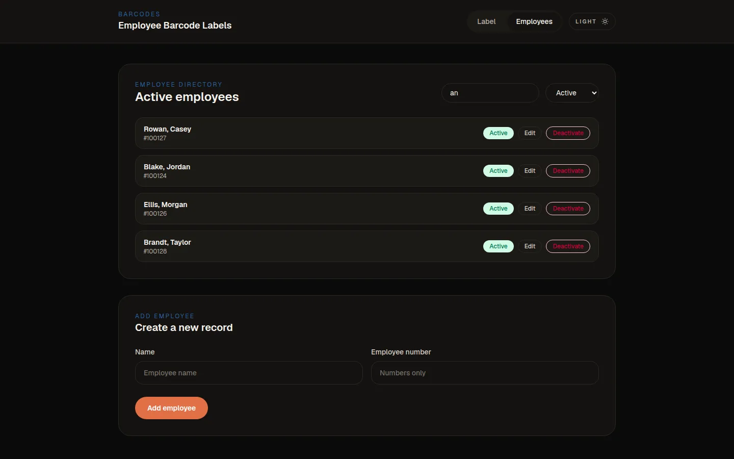 Directory filtered by a search term showing four matching employees, with the empty Add employee form underneath.