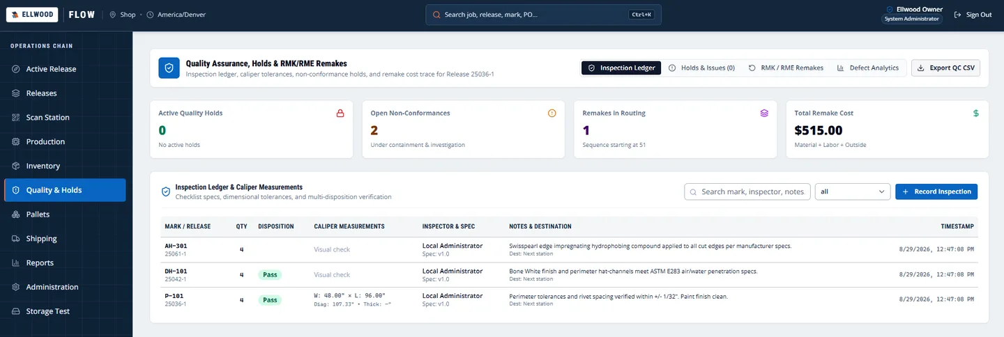 Quality page with counts of active holds, open non-conformances and remakes, and an inspection ledger listing marks, dispositions, caliper measurements and notes