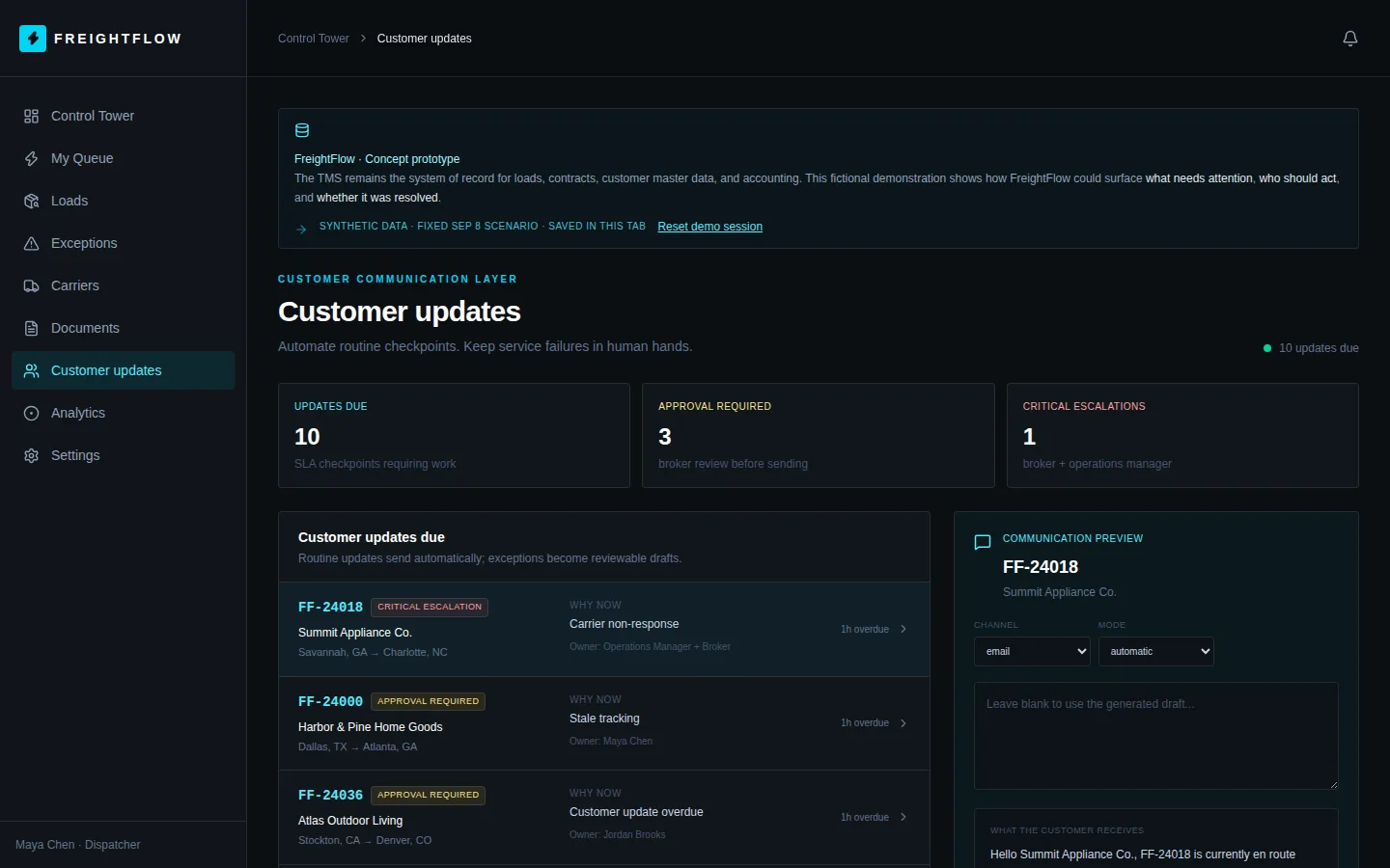 Customer updates screen with a list of due updates, approval flags and a communication preview with channel and mode selectors.