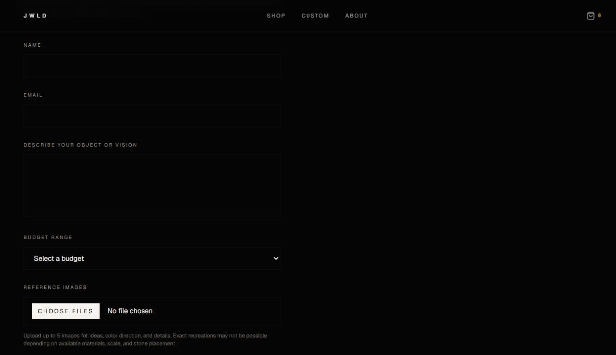 jwld.store custom commission intake form showing input fields for client details and project scope