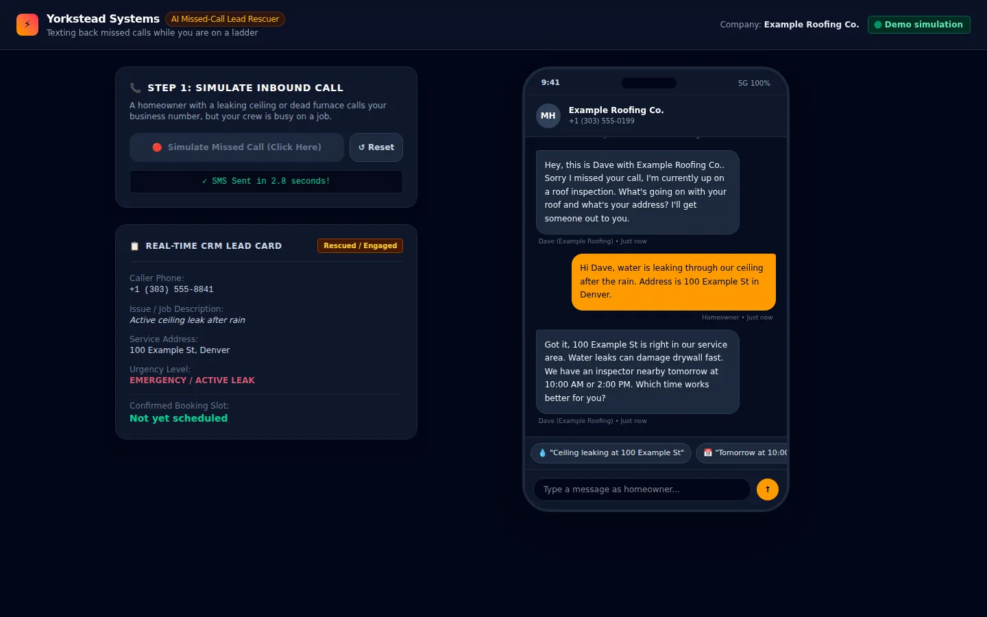 Chat showing a homeowner reply about a ceiling leak and the lead card now listing issue, address and emergency urgency.
