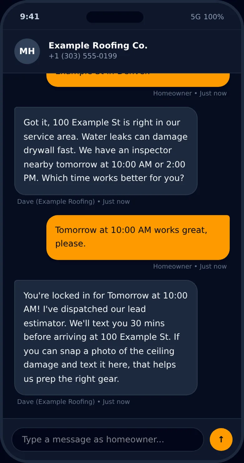 Phone-width view of the text conversation ending with a booking confirmation message and a message input bar.