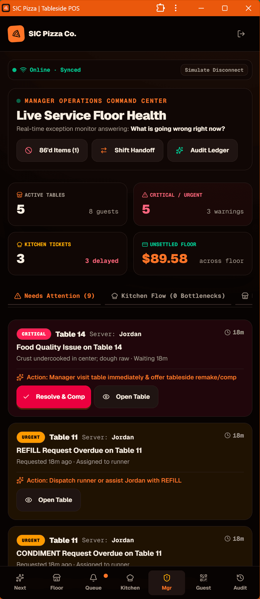 SIC Pizza POS mobile smartphone view showing compact table status and item selection