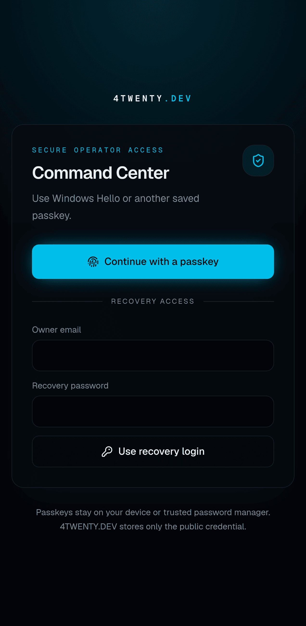 Mobile Command Center sign-in screen offering passkey and recovery access