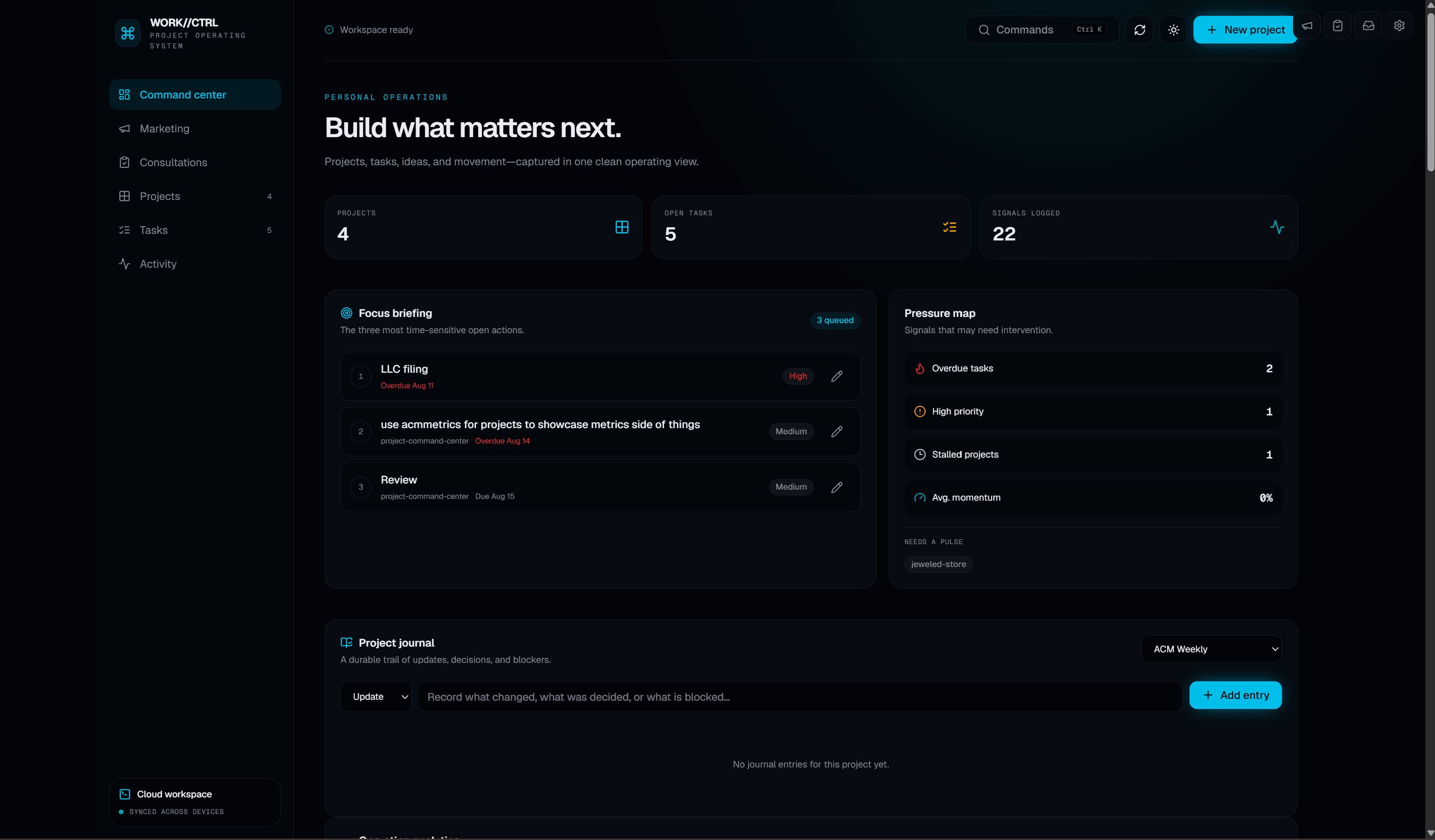 Dark WORK//CTRL dashboard with project, task, signal, focus, pressure, and project-journal cards