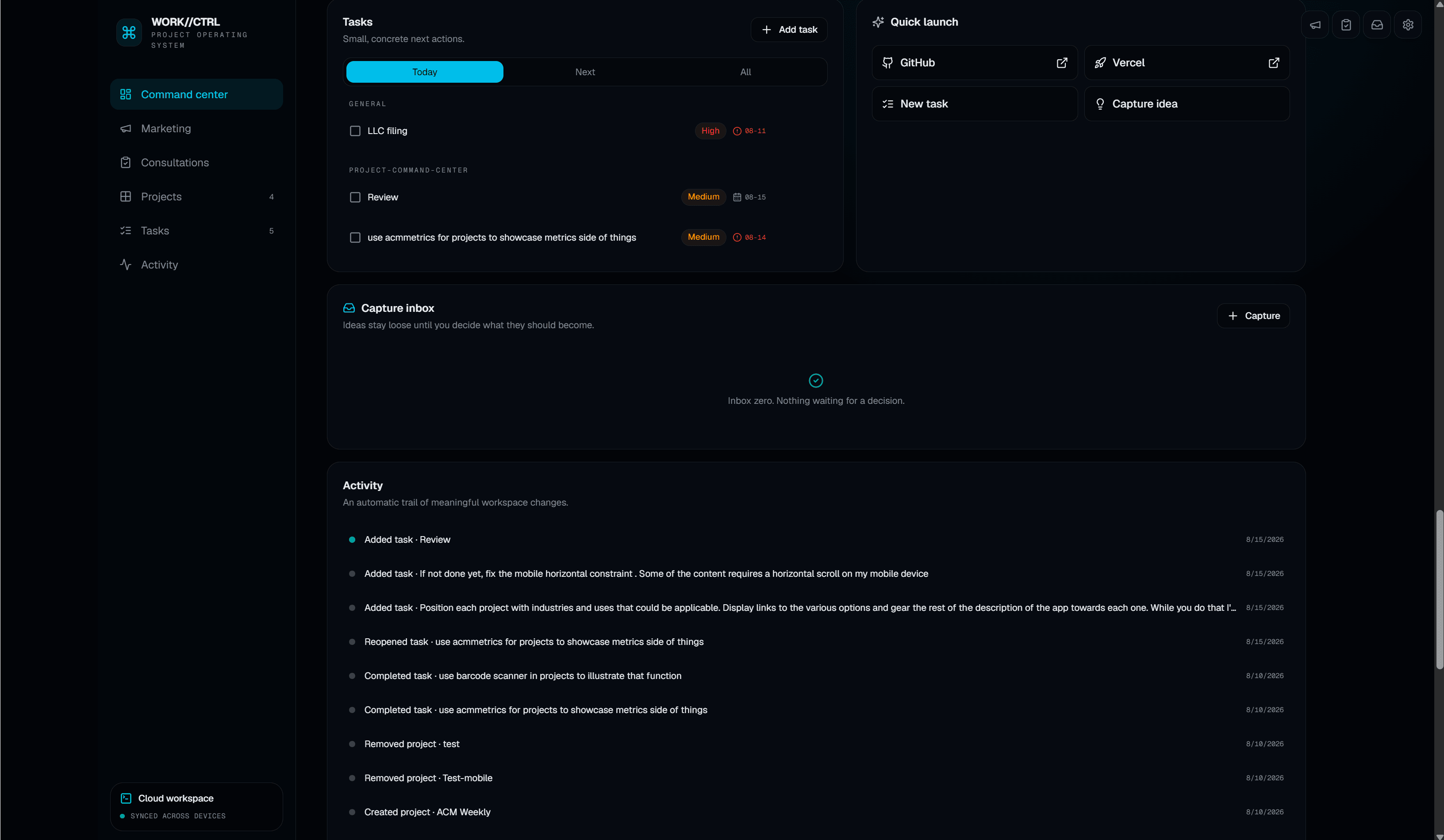 WORK//CTRL task view with priority tasks, quick-launch actions, capture inbox, and recent activity