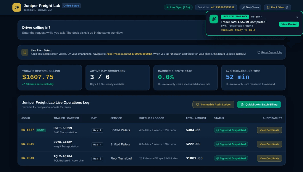 ReworkFlow prototype operations board and dispatch log