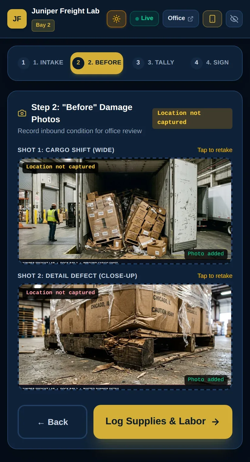 Dock step 2 showing a wide photo of shifted cargo and a close-up of broken pallet runners