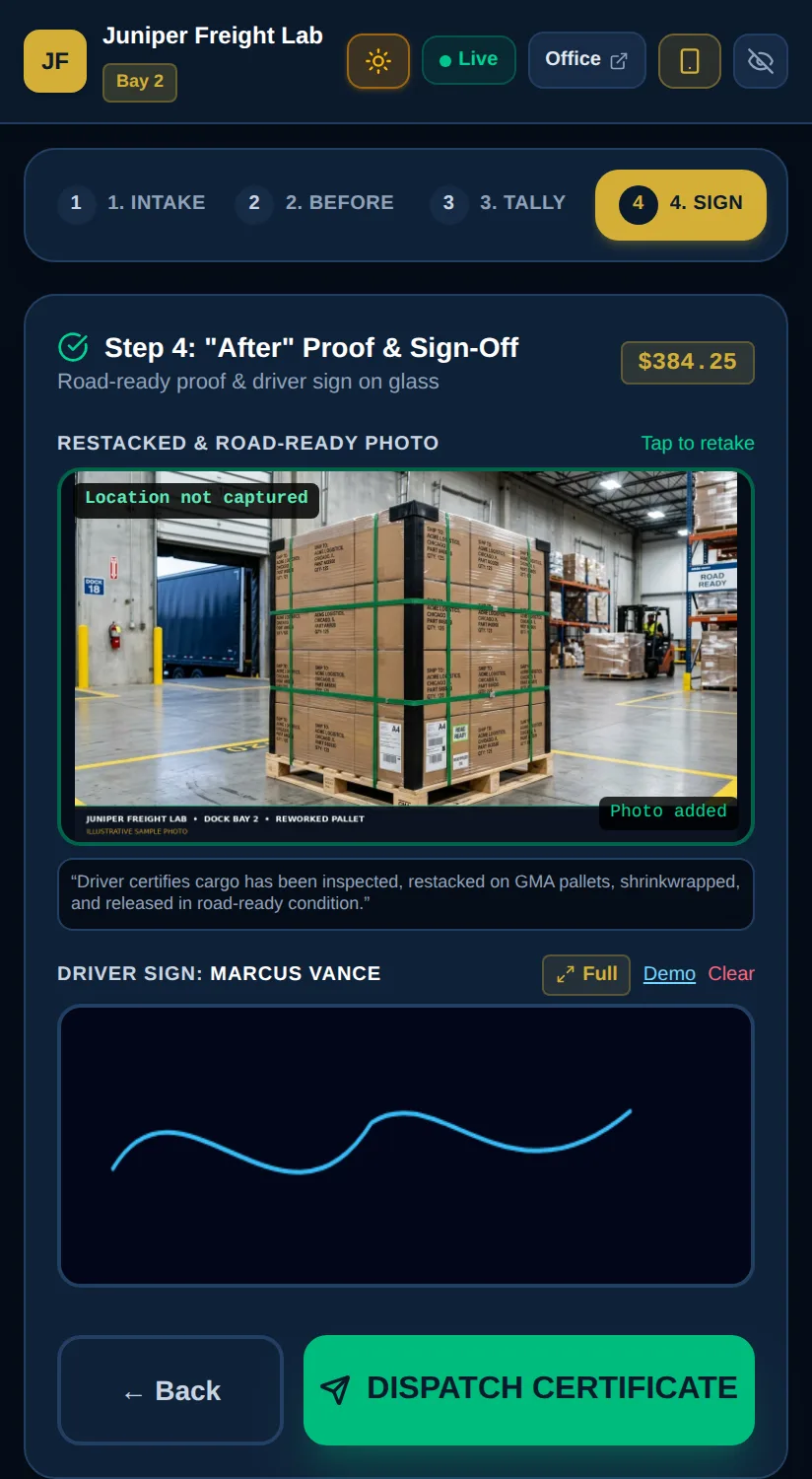 Dock step 4 with a road-ready photo, a drawn driver signature and a Dispatch Certificate button