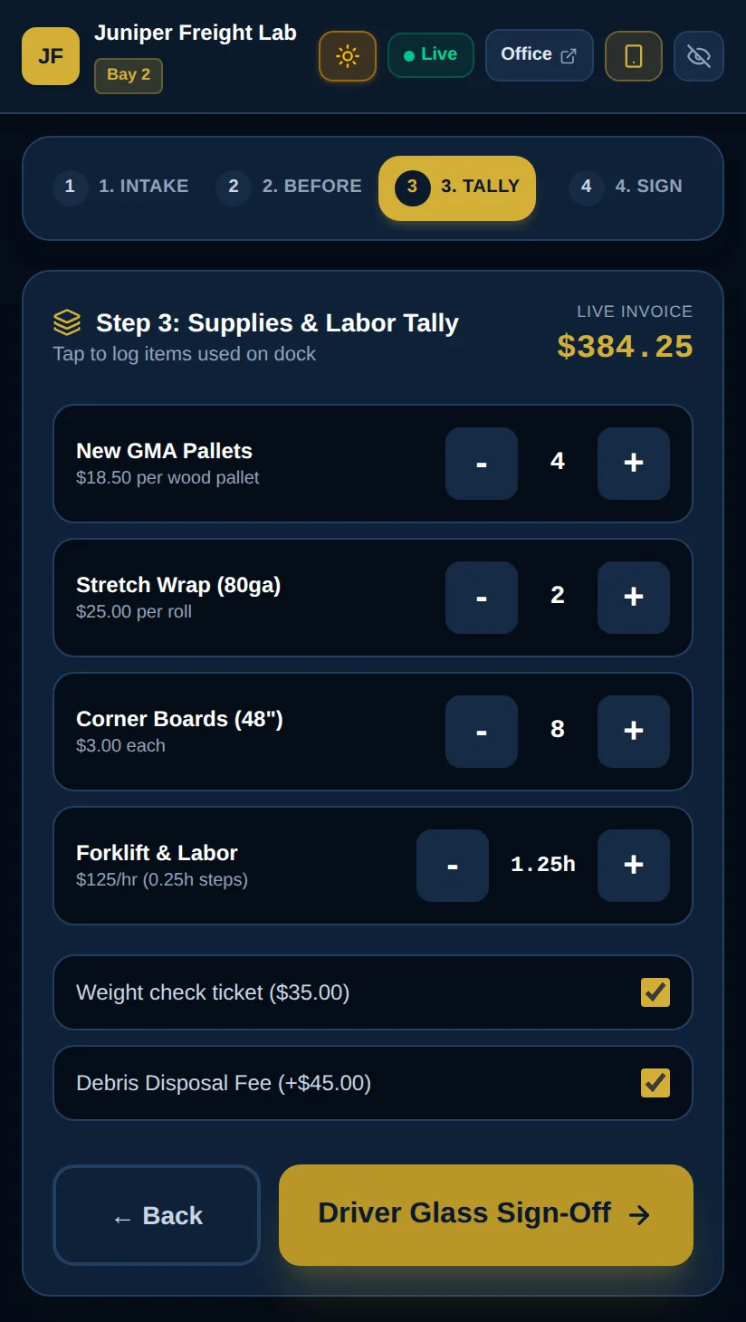 Dock step 3 supply and labor tally with counters and a live invoice of $384.25
