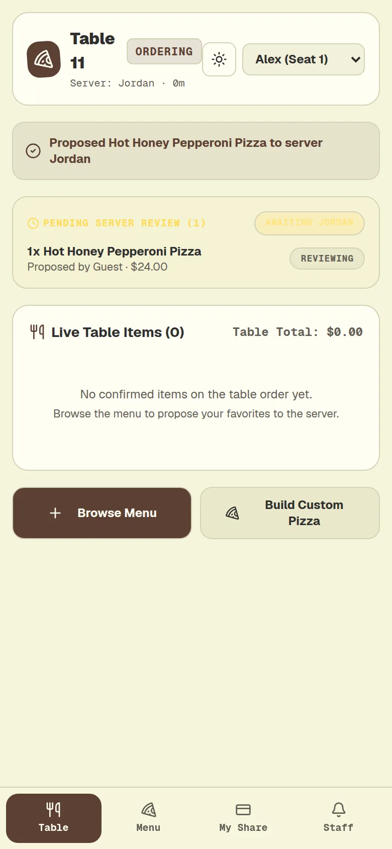 Phone screen for Table 11 showing a pizza proposed by a guest and listed as pending server review