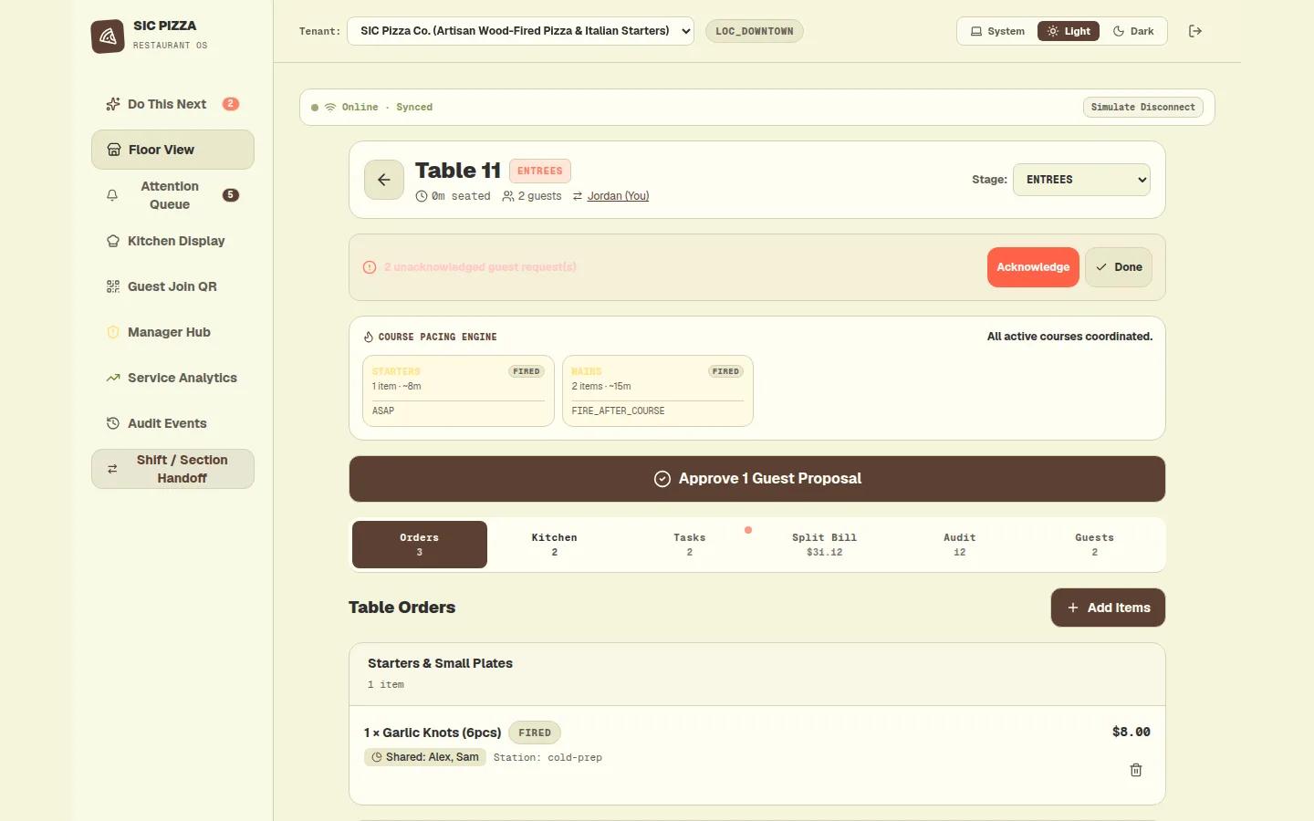Desktop server view of Table 11 with course pacing, unacknowledged guest requests and an approve guest proposal button