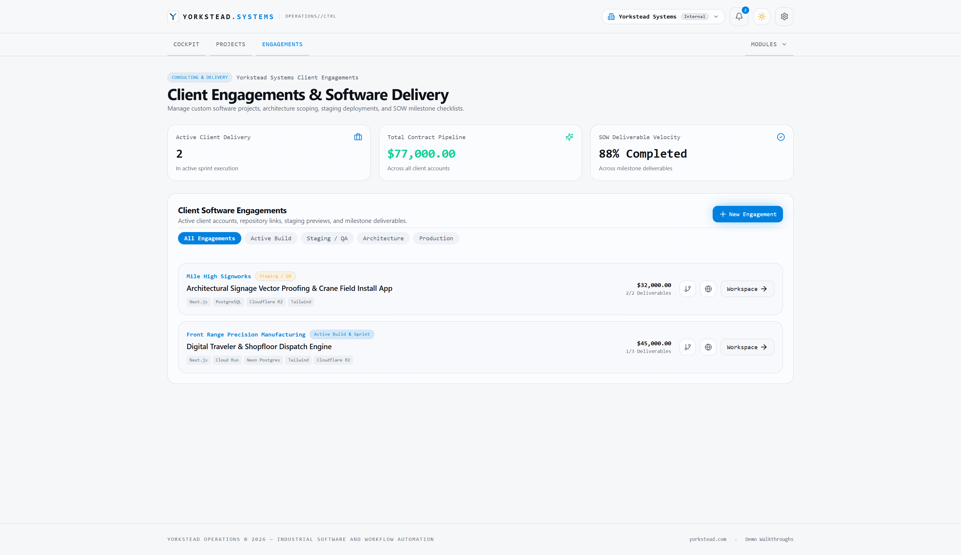 Yorkstead Operations client engagements workspace