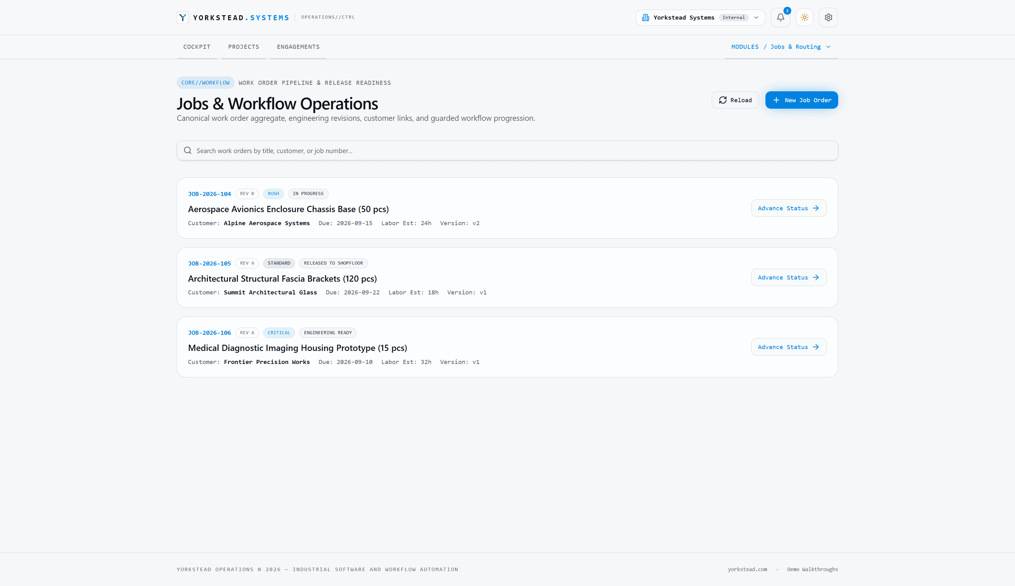 Jobs and Workflow Operations list with manufacturing work orders