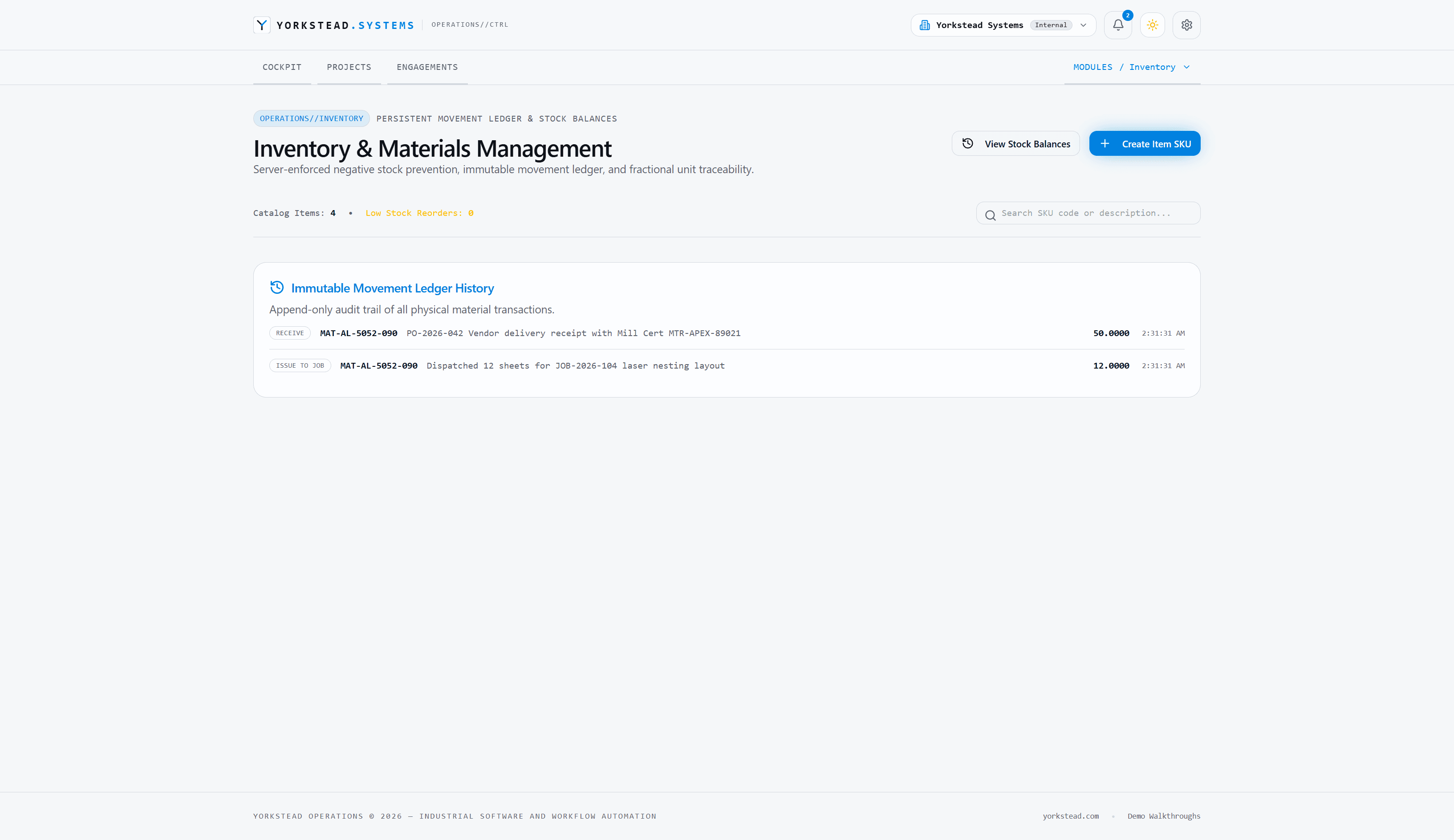 Inventory planning view with material availability and reorder information