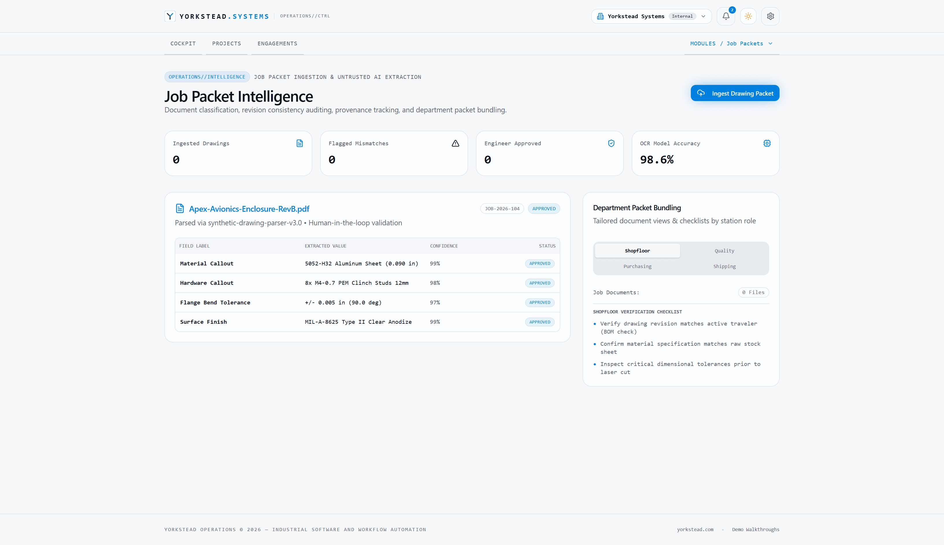 Job packet intelligence workspace with controlled manufacturing documents