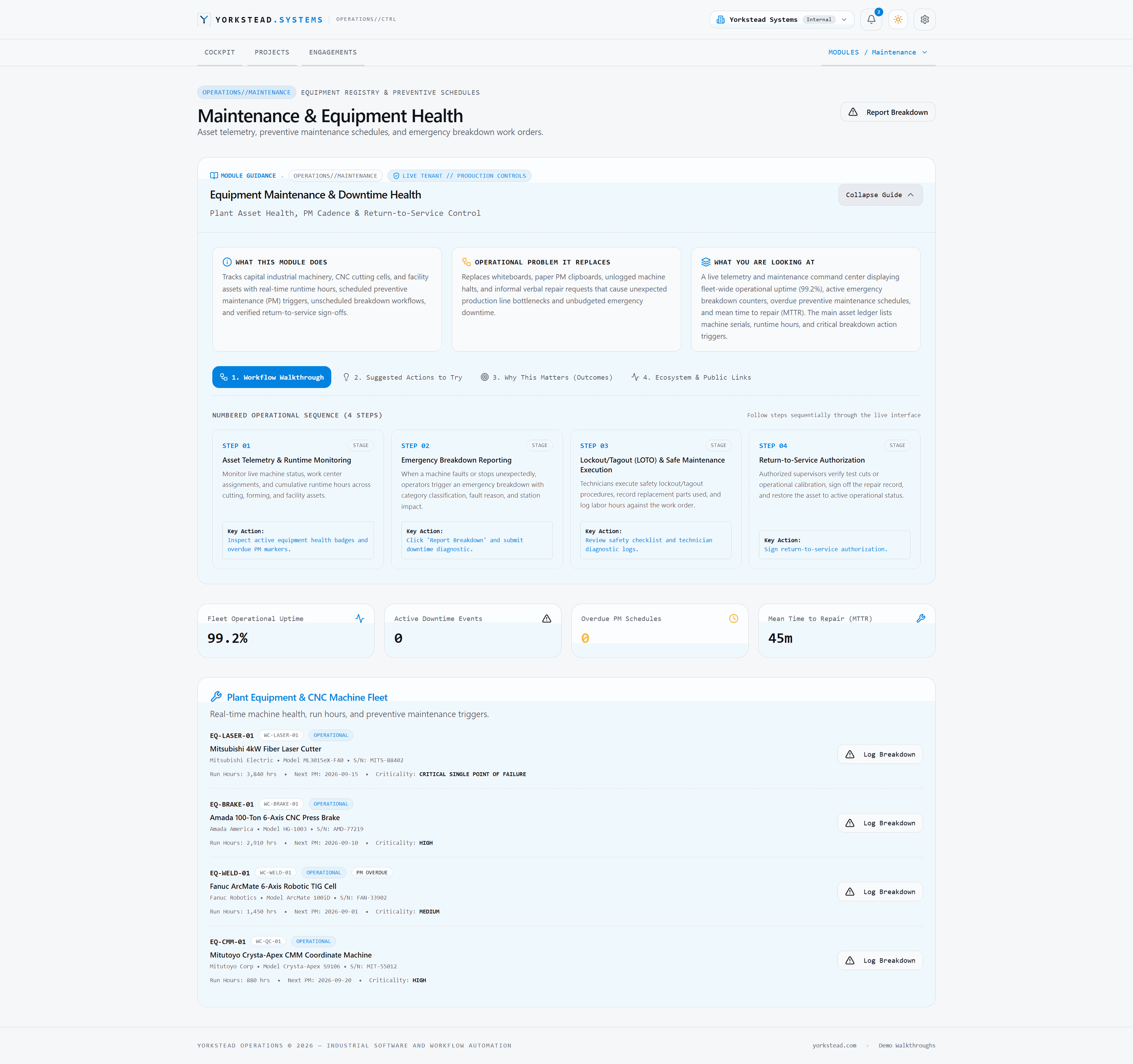 Equipment maintenance and downtime management screen