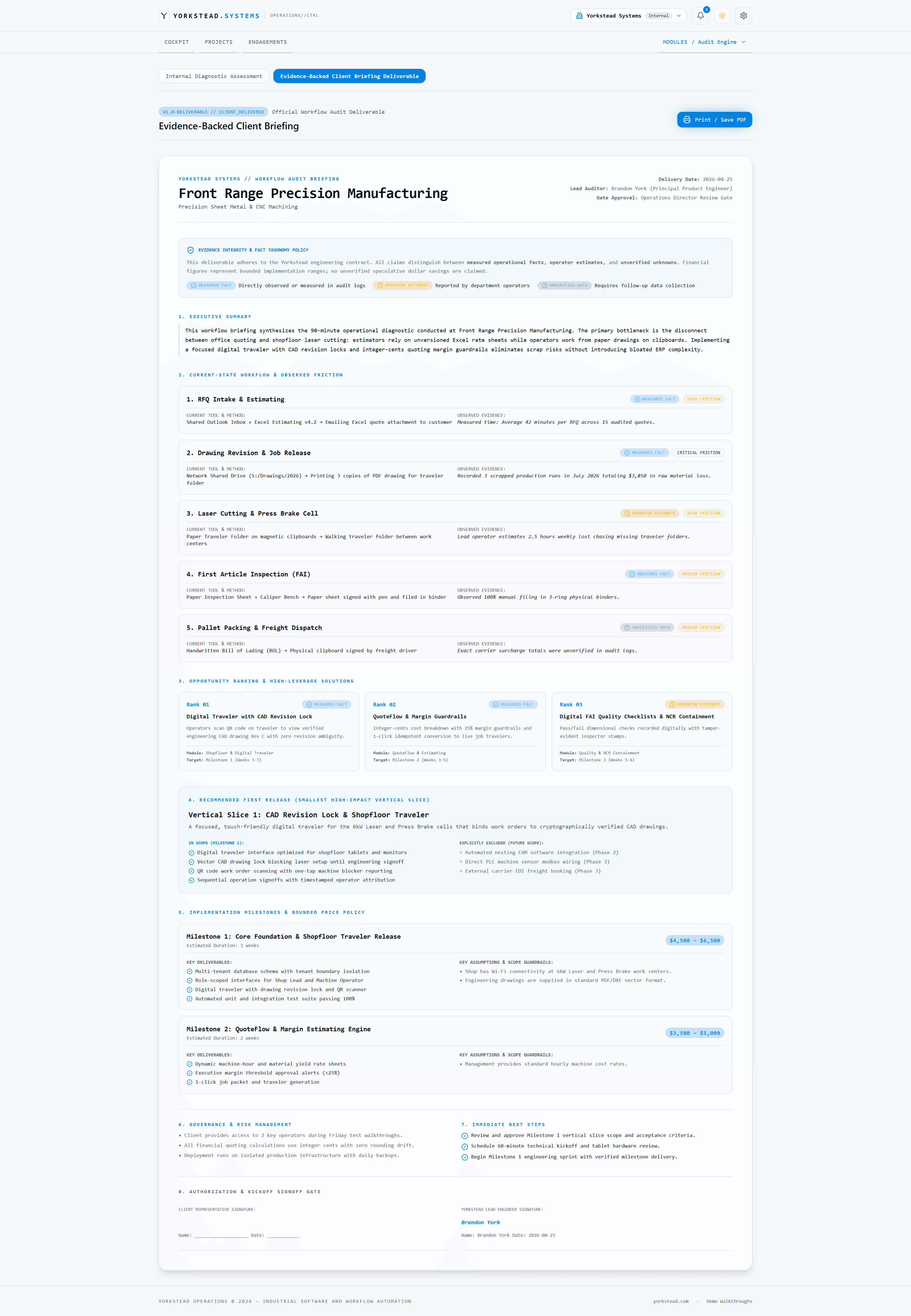 Evidence-backed workflow audit client briefing for a synthetic manufacturer